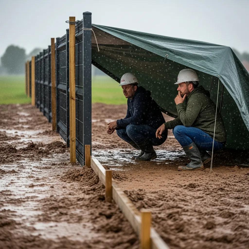 Muddy worksite and crew dealing with rain during a fence install