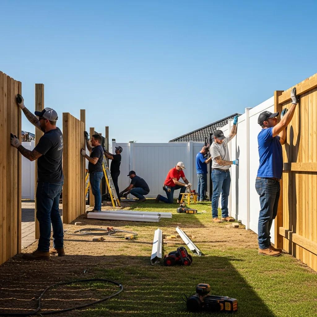 Custom fencing installation with diverse workers and various materials in a residential setting