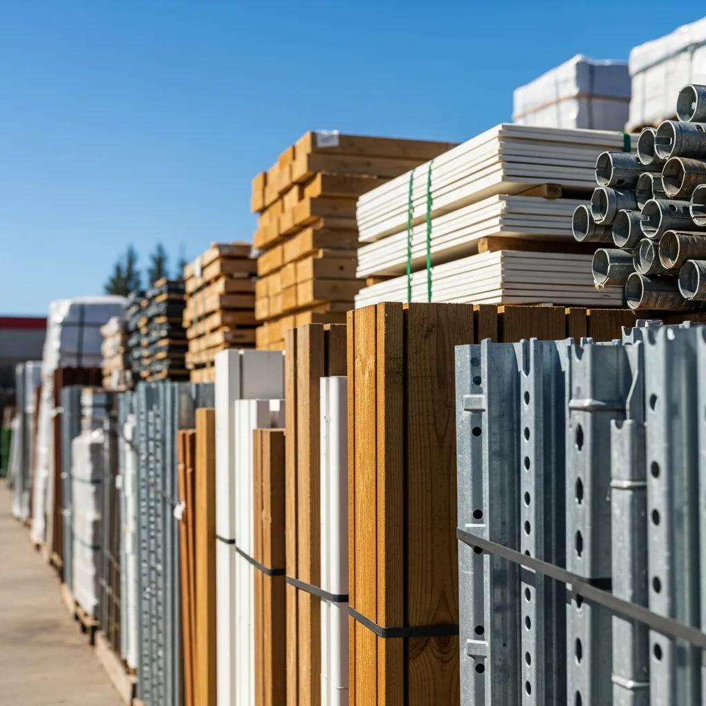 Pallets of wood, vinyl, and metal fencing materials stacked in a supplier yard